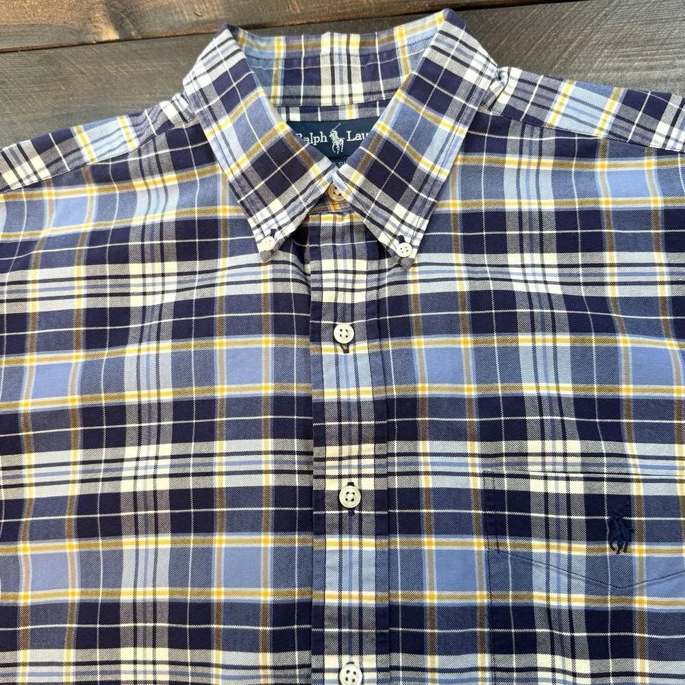 Polo Ralph‎ Lauren BIG Shirt Men Lg Blue Plaid Cotton Button Down Oxford Shirt